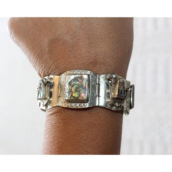 Sterling Silver Abalone Shell Bracelet 925 Mexican Aztec Vintage signed 39.7g - Picture 1 of 12